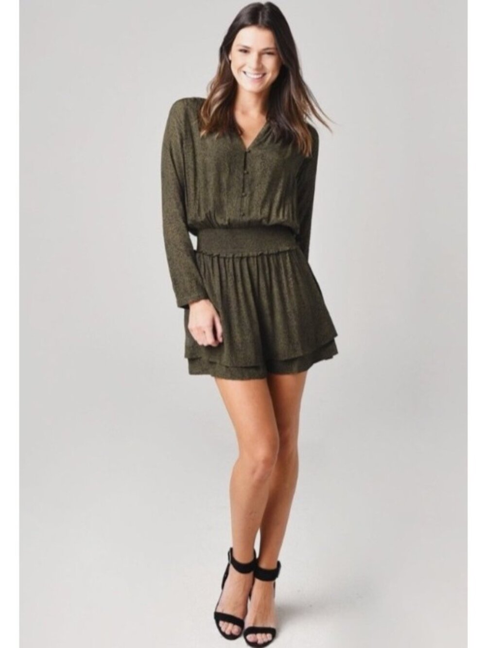 NEW Rails Jasmine Olive Speckled Smocked-Waist Long-Sleeve Breathable Mini Dress